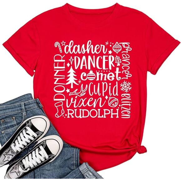 Women's Reindeer Name Collage Short Sleeve Holiday Christmas Graphic Tee- Small - Picture 3 of 3